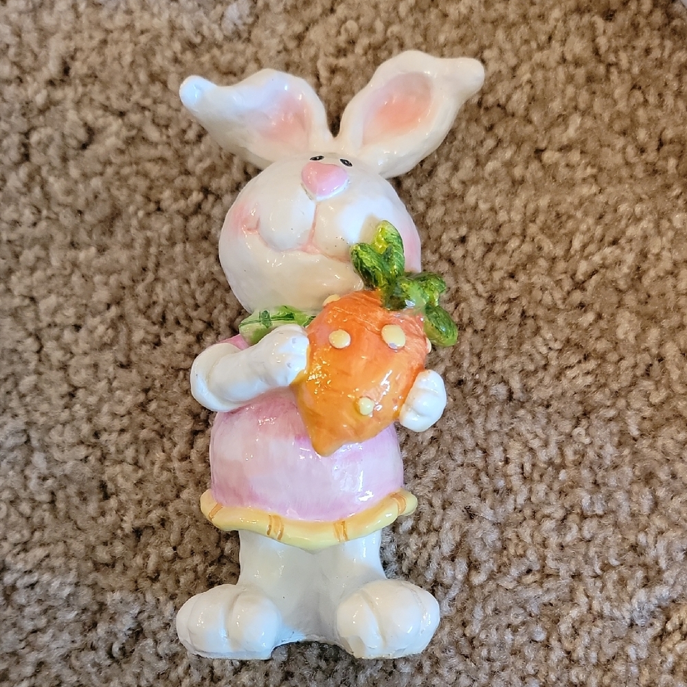 Adorable Pink and White Bunny with Carrot Figurine